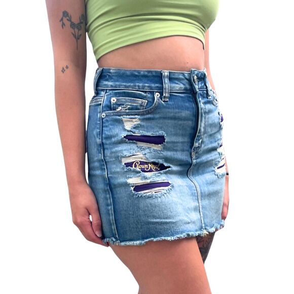 Upcycled Crown Royal Bag Denim Mini Skirt - Picture 1 of 15
